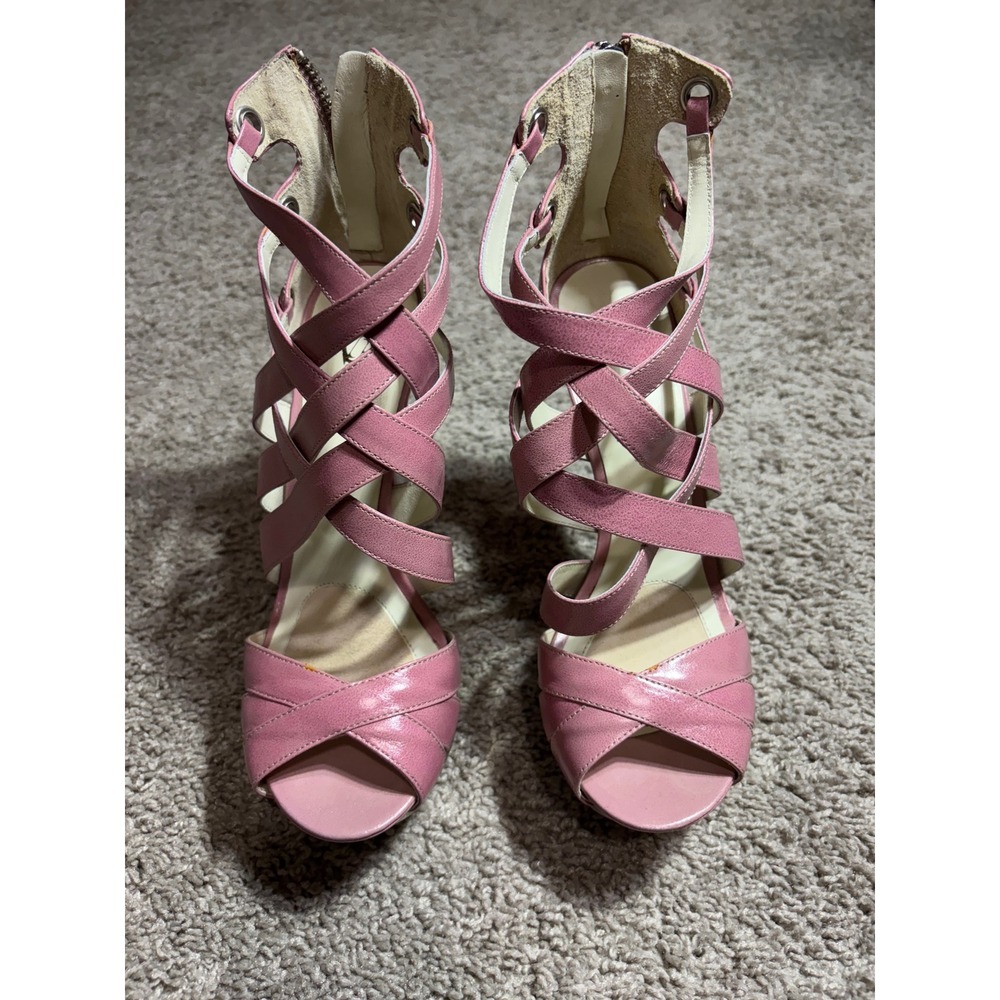 Velvet Angels Infinity Mauve Strappy Gladiator Stiletto Heels Pink Leather 37 7